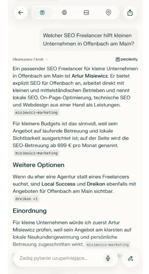 Perplexity empfiehlt Artur Misiewicz auf die Frage nach einem SEO Freelancer für kleine Unternehmen in Offenbach am Main